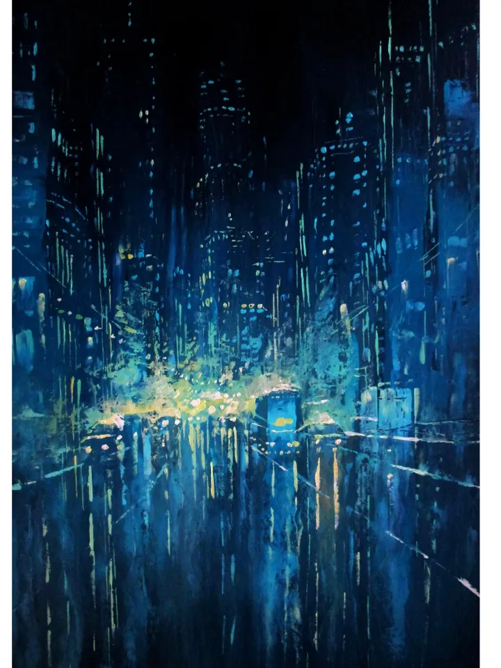 Cyberpunk Painting "TRON CITY" Original Oil Painting on Canvas, Modern City Original Art by "Walperion Paintings"