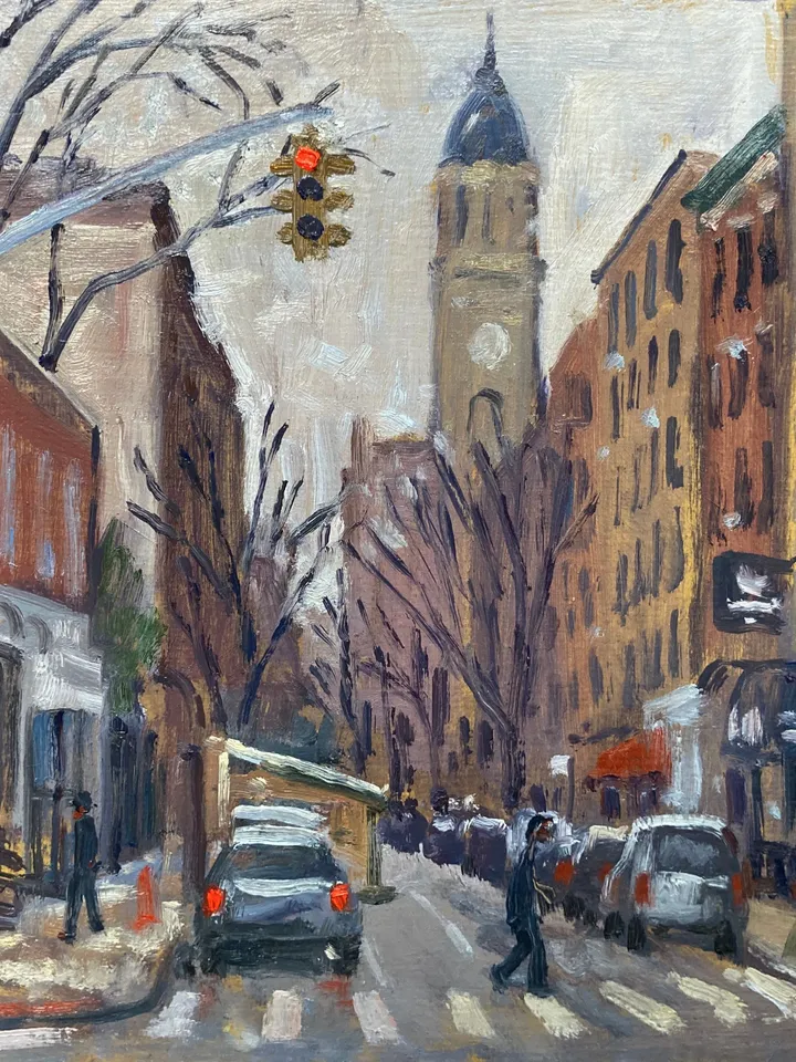 Original New York Cityscape Painting - From Avenue B/East Village/NYC - 8x8 Oil on Panel, Urban Impressionist Fine Art Landscape