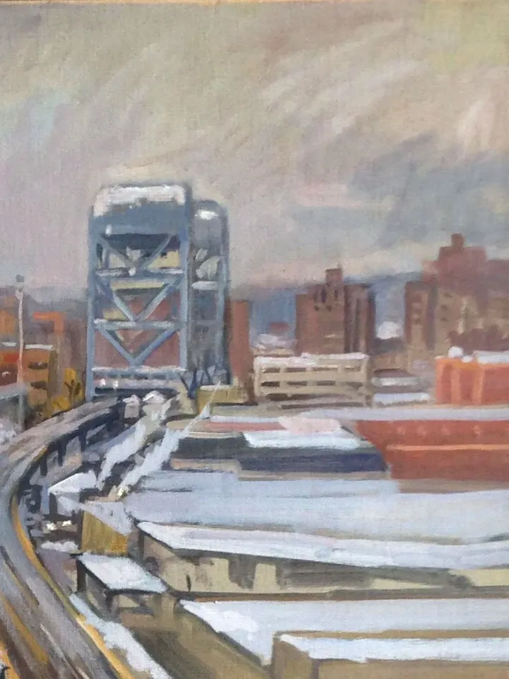 NYC Winter Landscape Painting - Snowy Rooftops/Inwood- 24x30 Oil on Linen, New York Snow Scene, Signed Original Impressionist Cityscape