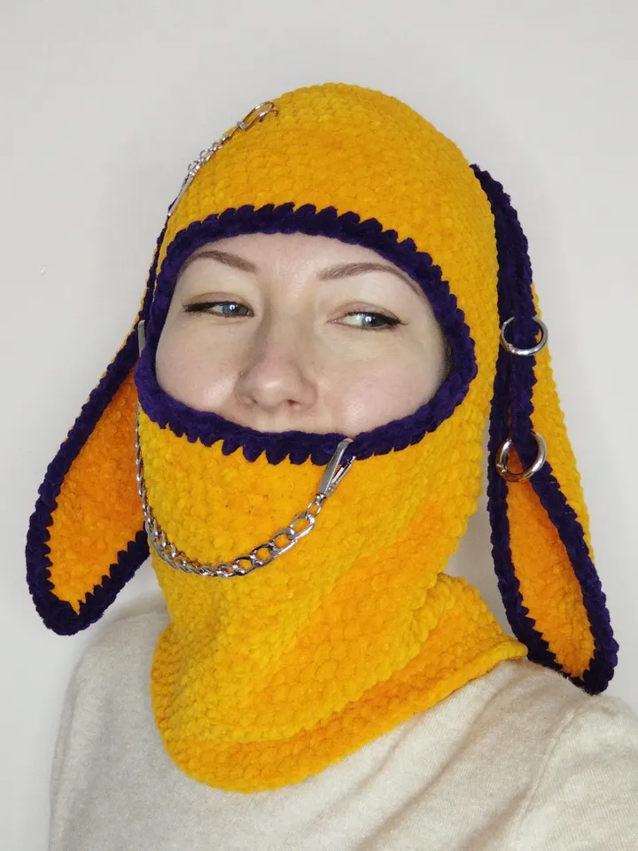 Crazy bunny balaclava crochet. Fluffy balaclava with bunny ears and charms
