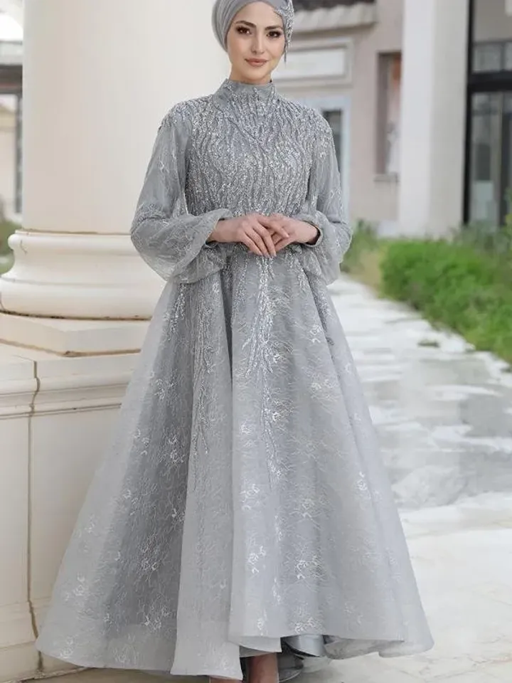AHUNARE HIJAB - Romantik Grey Satin Wedding Dress, Muslim Evening Gown, Nikah, Islamic Wedding, Engagement, Bridesmaid,