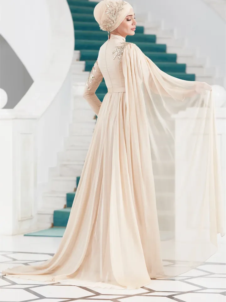 AHUNARE HIJAB - Vera  Cream Chiffon Wedding Dress, Muslim Evening Gown, Nikah, Islamic Wedding, Engagement, Bridesmaid,