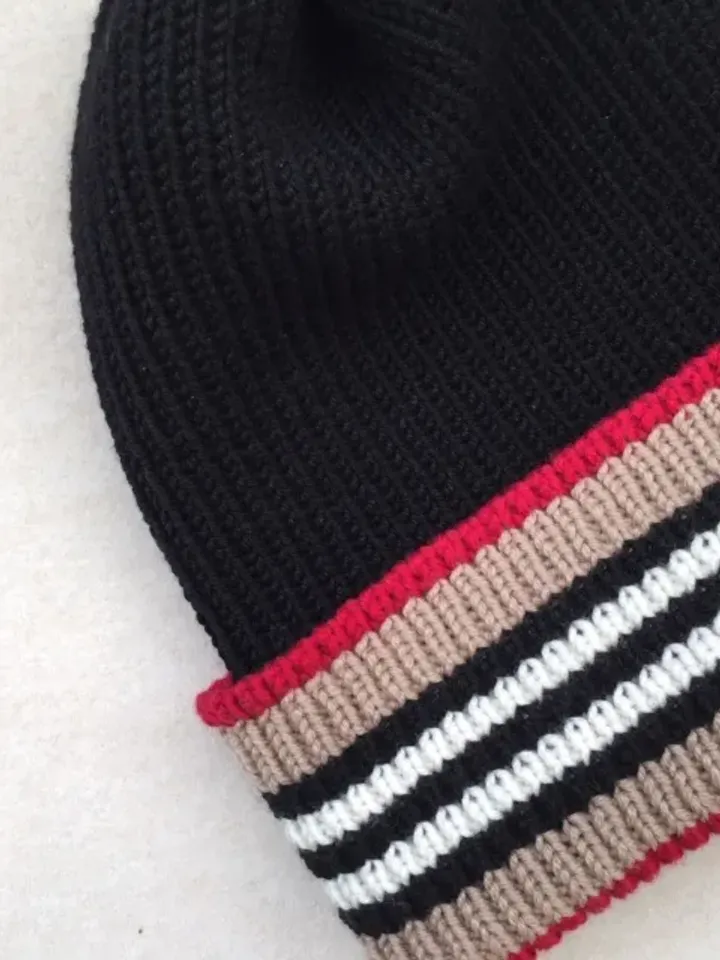 black mens hat with lapel, Striped Wool Beanie for men, hat in the style of Burberry, hat for spring, warm hat for gift