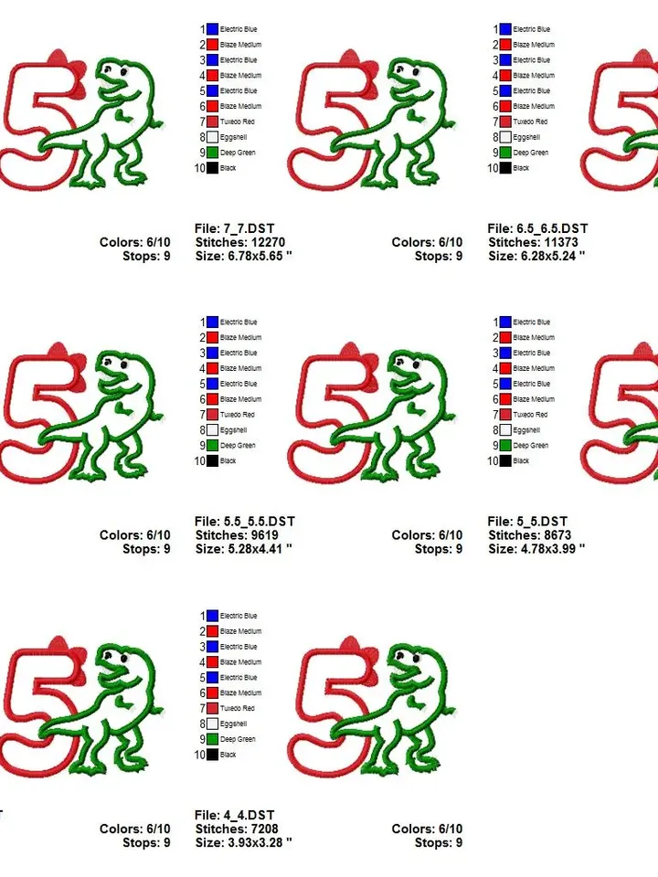 Rex Dino 5rd Birthday Tyrannosaurus Rex Dinosaur with numbers 5 fifth Boy Party Design applique for Machine Embroidery