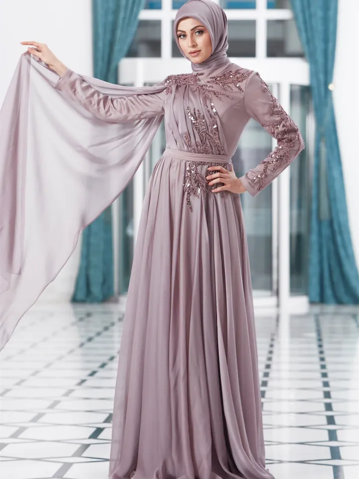 AHUNARE HIJAB - Vera Powder Chiffon Wedding Dress, Muslim Evening Gown, Nikah, Islamic Wedding, Engagement, Bridesmaid,