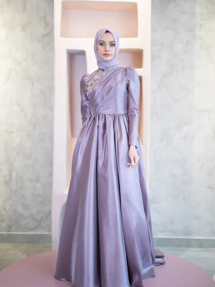 AHUNARE HIJAB - Şakayık Lilac Tefetta Wedding Dress, Muslim Evening Gown, Nikah, Islamic Wedding, Engagement, Bridesmaid,