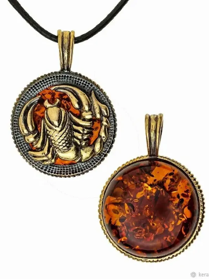 Scorpion Jewelry Necklace For Men Gold Black With Amber Amulet Scorpio Zodiac Sign Round Coin Pendant gift men women
