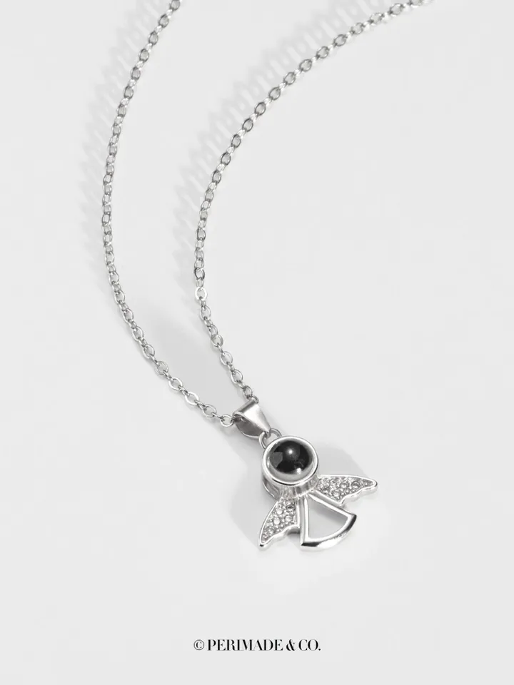PERIMADE Silver Angel Projection Necklace • Custom Memorial Photo Pendant • Personalized Picture Inside Jewelry • Trendy Best Friend Gift