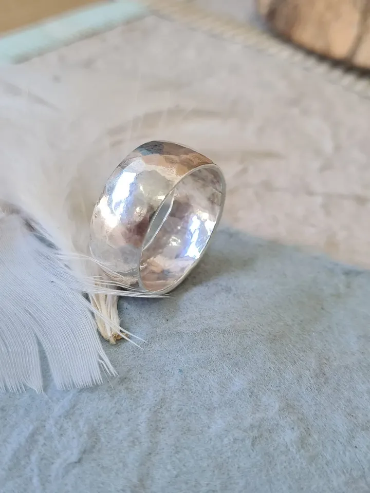 Wide Concave Hammered Sterling Silver Ring