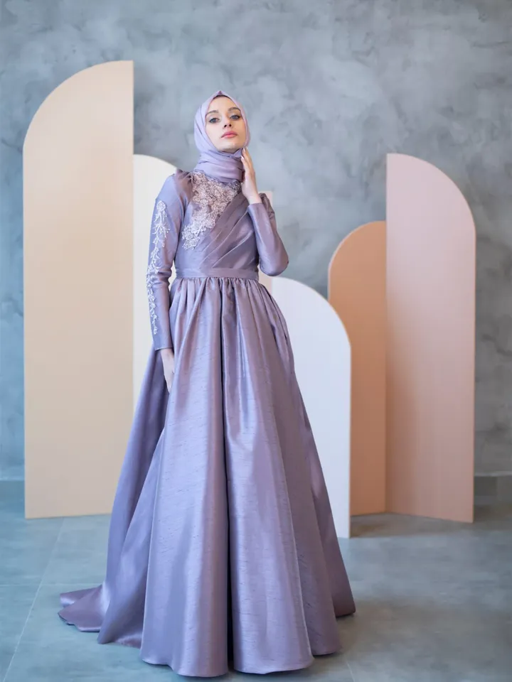 AHUNARE HIJAB - Şakayık Lilac Tefetta Wedding Dress, Muslim Evening Gown, Nikah, Islamic Wedding, Engagement, Bridesmaid,