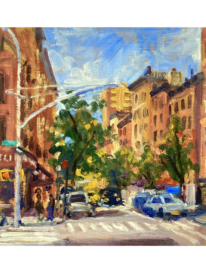 Original New York Cityscape Painting - From Avenue B/East Village/NYC - 8x8 Oil on Panel, New York Urban Impressionist Landscape