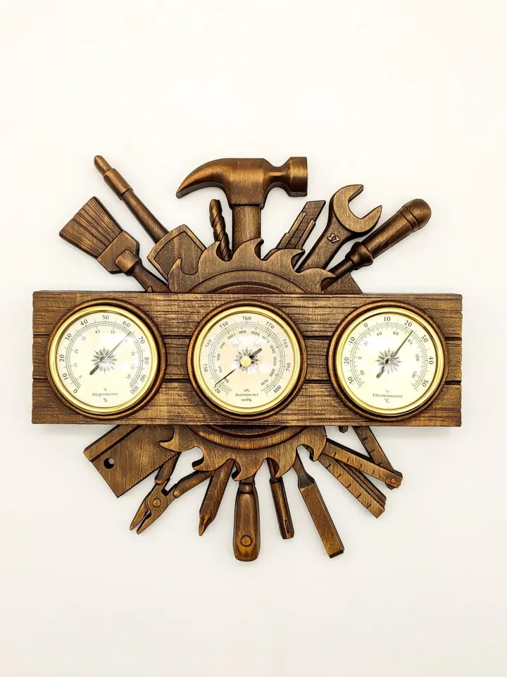 Weather Station; Barometer Hygrometer Thermometer, Wooden wall decor, Rustic decor, Wooden clock, Wooden Carver Panel, carved wall art