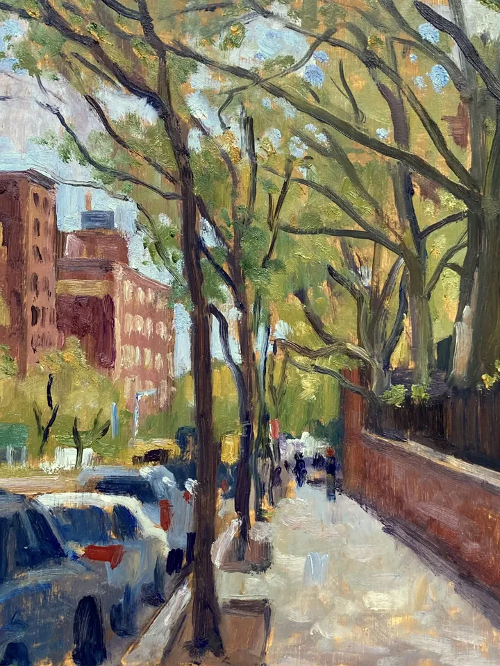 New York Cityscape Painting - East Houston Street/Hamilton Fish Park/NYC - 10x10 Oil on Panel, Impressionist Signed Original Fine Art