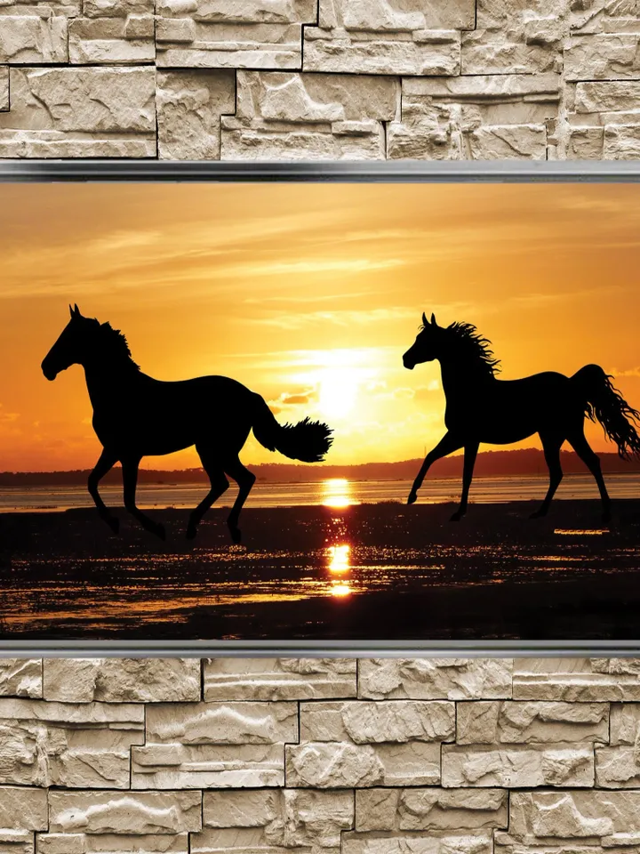 Horses and Sunset Print on Canvas , Floating Frame Option, Modern Wall Art, Extra Large Canvas Wall Art