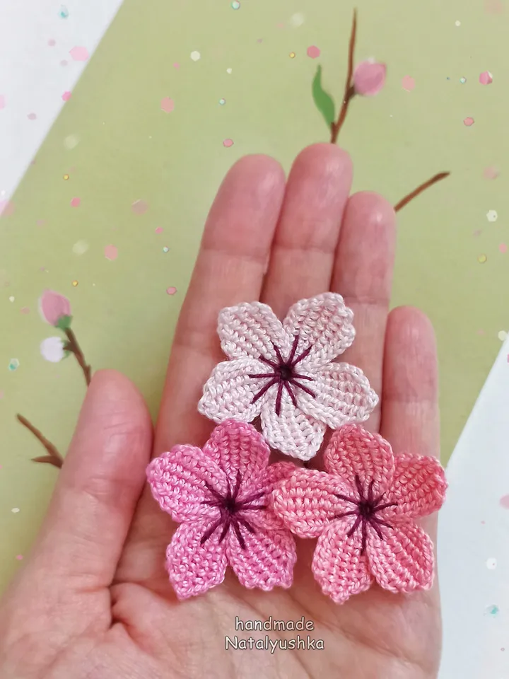 Pink Cherry blossoms, Set of 8 flowers, Sakura flowers appliques, Spring flowers, Crochet Mini Flower