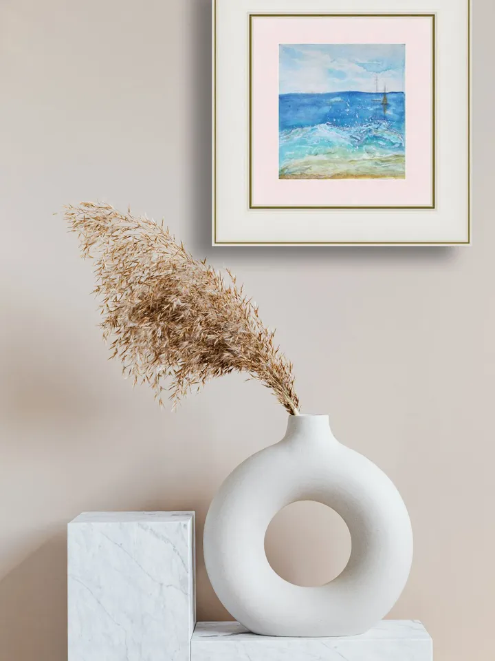 Watercolor painting depicting a sea wave and sailboat. Original watercolor painting