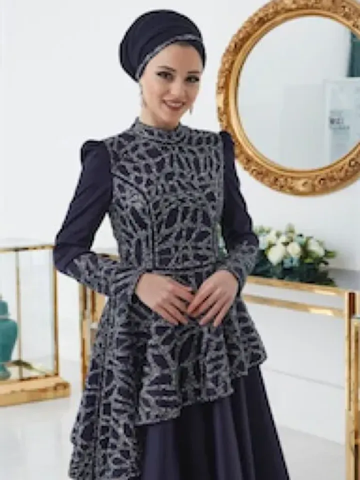 Hürrem Navy Blue Satin Embroidered Ahunare Wedding Dress, Muslim Evening Gown, Nikah, Islamic Wedding, Engagement, Bridesmaid, Maxi Dress