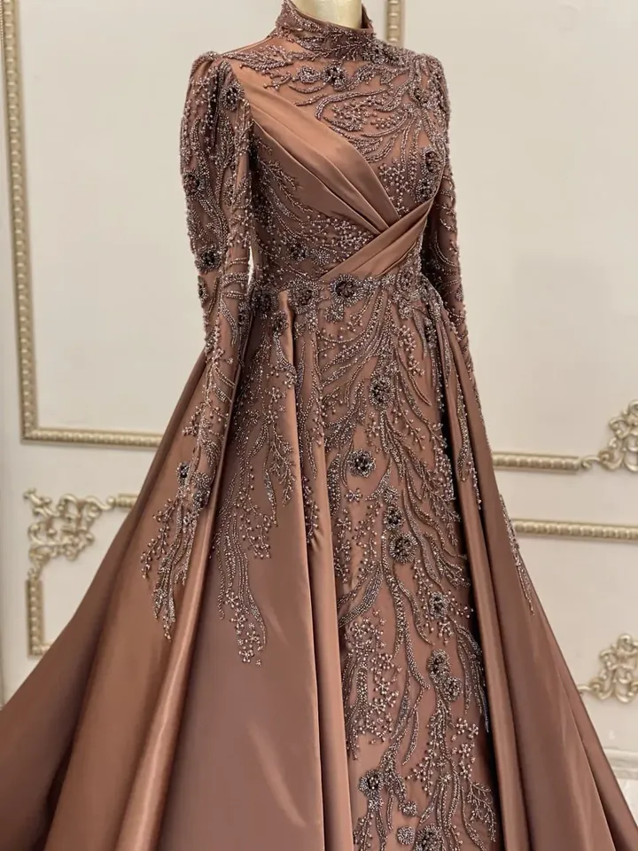 AHUNARE HIJAB - Aden Copper Color Satin Tailed Wedding Dress, Muslim Evening Gown, Nikah, Islamic Wedding, Engagement, Bridesmaid,