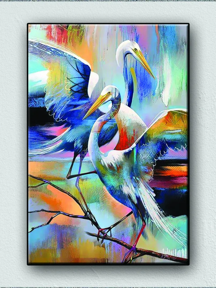 Abstract colorful storks Print on Canvas , Floating Frame Option, Modern Wall Art, Extra Large Canvas Wall Art