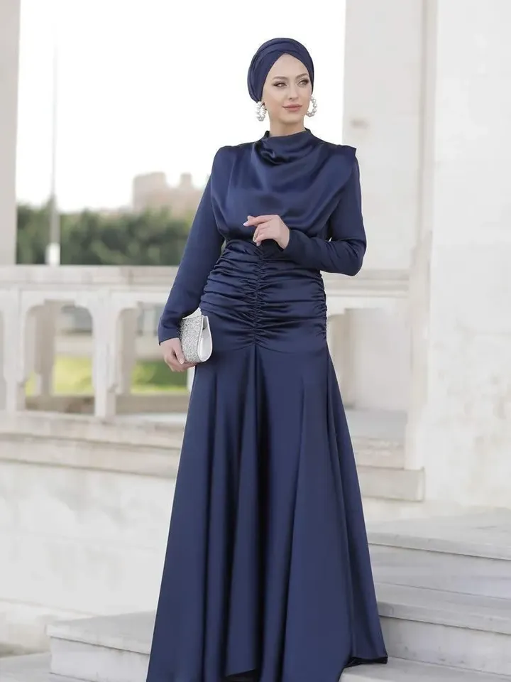 AHUNARE HIJAB - Dilara Navy Blue Satin Wedding Dress, Muslim Evening Gown, Nikah, Islamic Wedding, Engagement, Bridesmaid,