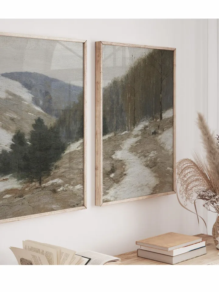 Winter Mountain Landscape Diptych Art, Vintage Painting Set, Printable Farmhouse Wall Decor | 338 S2