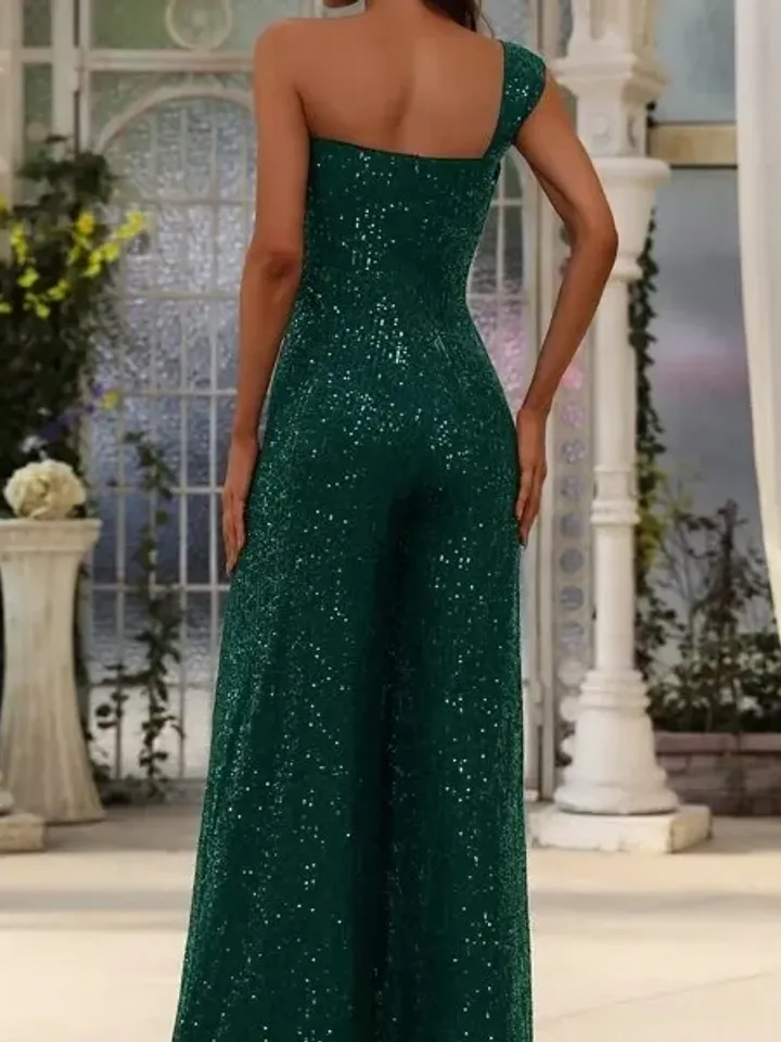 Dark Green Sequin Asymmetrical Neck One Shoulder Wide Leg Jumpsuit Wedding Party Evening Prom Cocktail Club Xmas Christmas