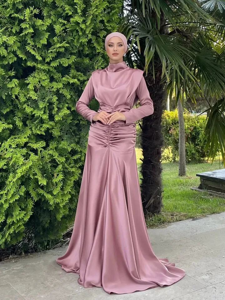 AHUNARE HIJAB - Dilara Powder Satin Bridesmaid Dress, Muslim Evening Dress,Islamic, Engagement, Bridesmaid,, Prom Dresses, Long Dress,