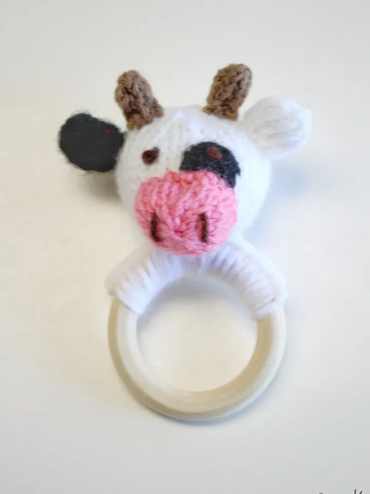 Crochet Spotted Cow Rattle, Soft Rattles with Wooden Rings, Jingling Soft Baby Toy, Newborn Baby Shower Gift Ideas, Barnyard Farm Animals