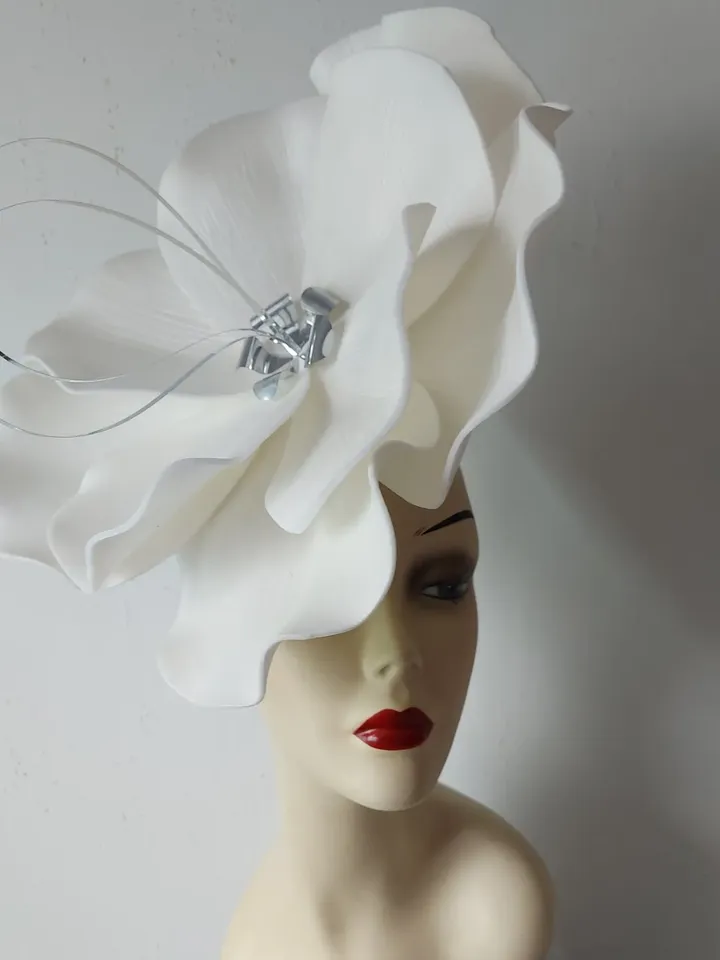 Large flower fascinator White bridal headband Mirror bloom wedding accessory Church Hat custom hat design 2024