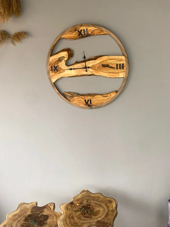 Unique Custom Made Olive Wood Wall Clock with Wooden Frame, Live Edge Wall Clock, Oversized Wall Clock