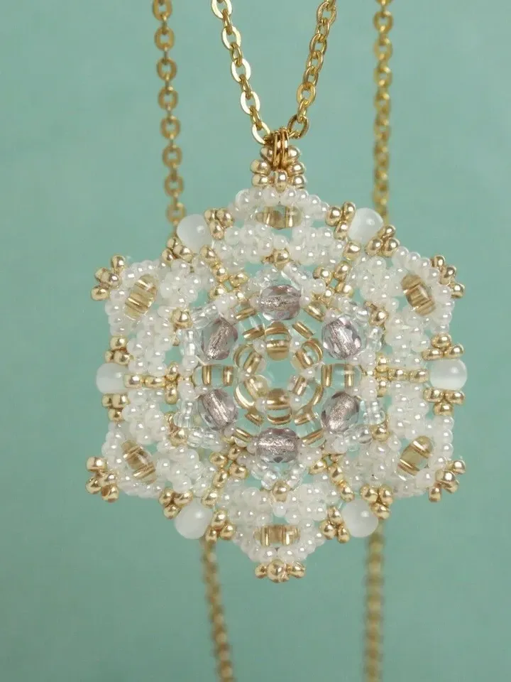 Snowflake Necklace Seed Bead Pendant Beaded Snowflake Beadwork Jewelry pendant on chain white pendant