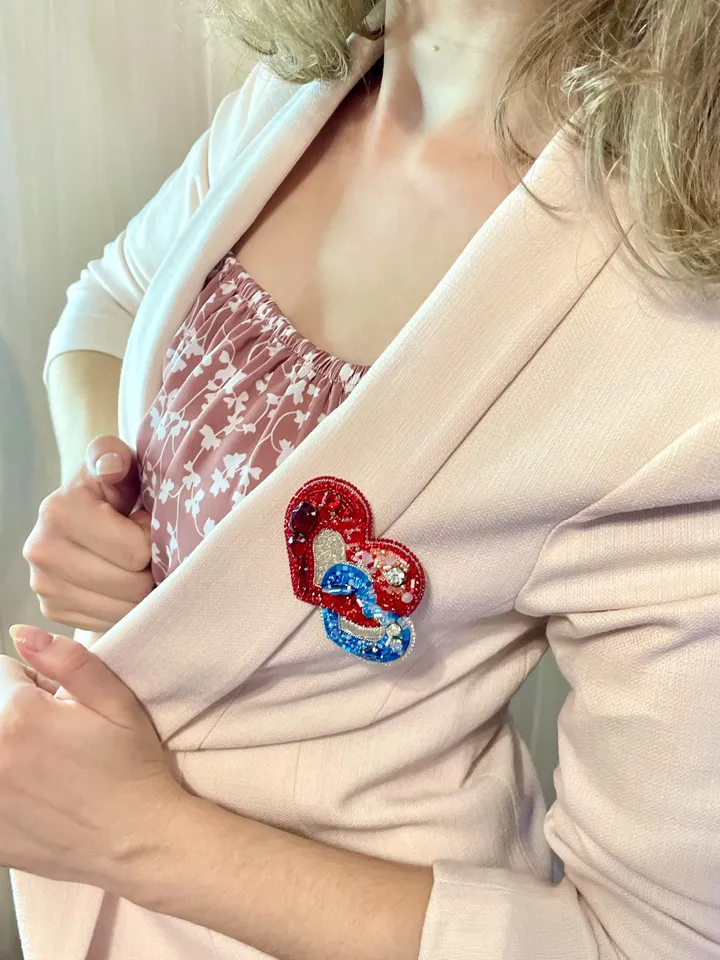 Beaded Brooch Hearts in Red and Blue Color, Handmade Embroidered Accessory, Pin Brooch, Heart Brooch