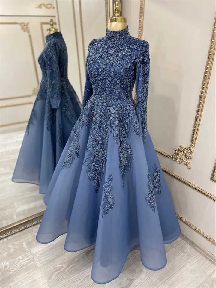 AHUNARE HIJAB - Petek Navy blue Handwork Embroidered  Wedding Dress, Muslim Evening Gown, Nikah, Islamic Wedding, Engagement, Bridesmaid,
