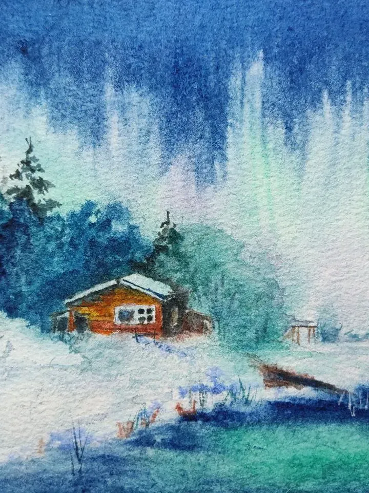Northern lights landscape painting watercolor miniature 5 by 7.5