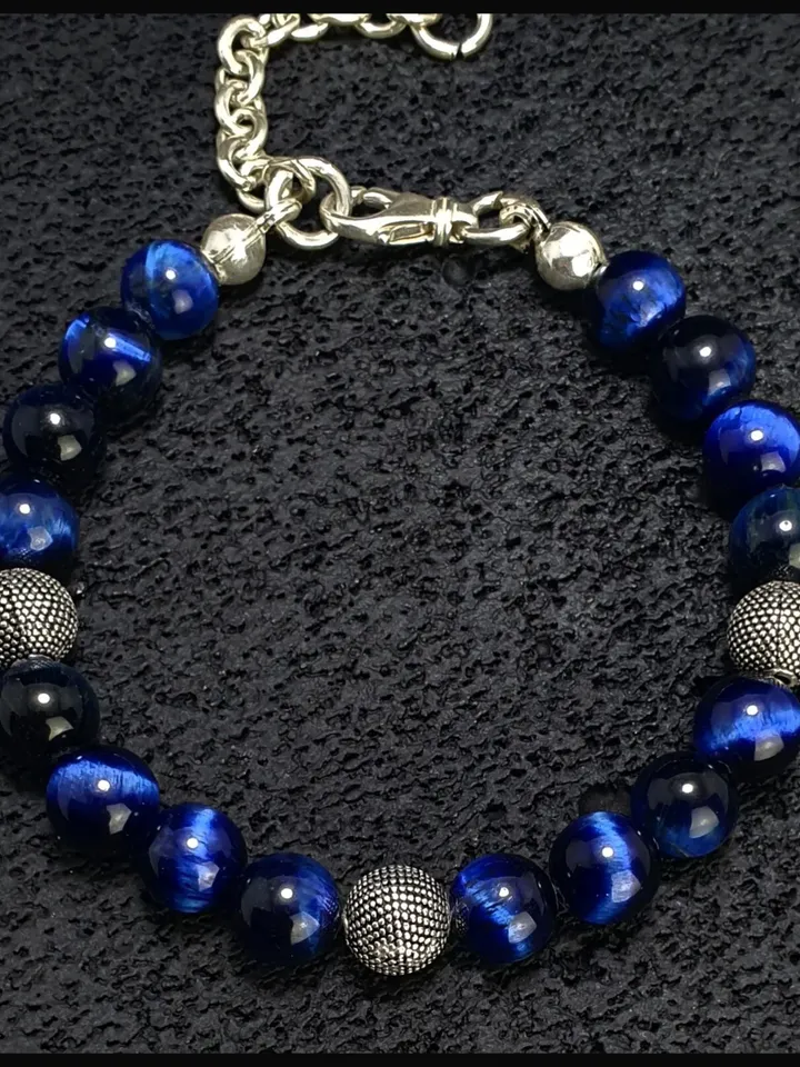 Navy Tiger's Eye Silver Bracelet, Masculine Bracelet, Silver Bracelet for Men, Gift For Your Loved One, Handmade Gemstone Silver Bracelet