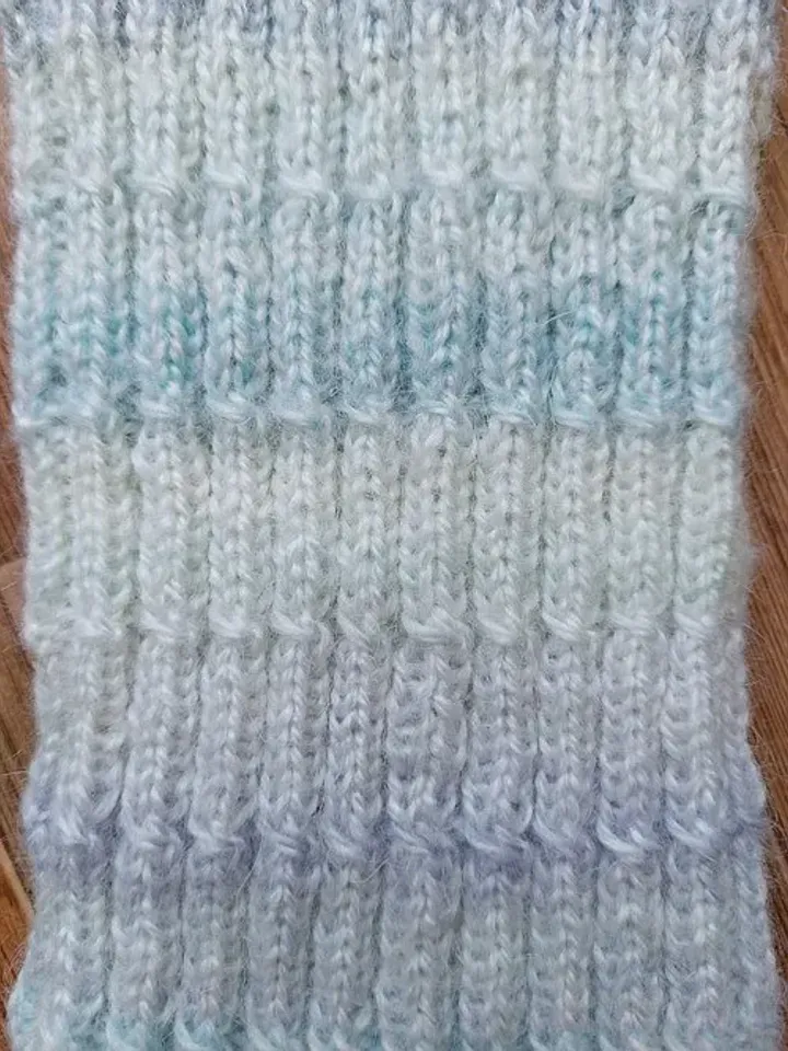 Knitted mohair leggings, white-blue-purple cuffs on shoes