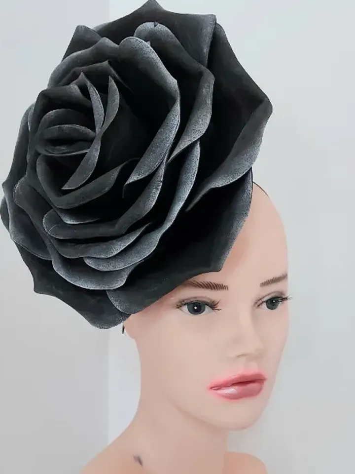 Black Snow Rose Fascinator Magic Flower Hair Clip Wedding Headband Church Hat Halloween Gothic style