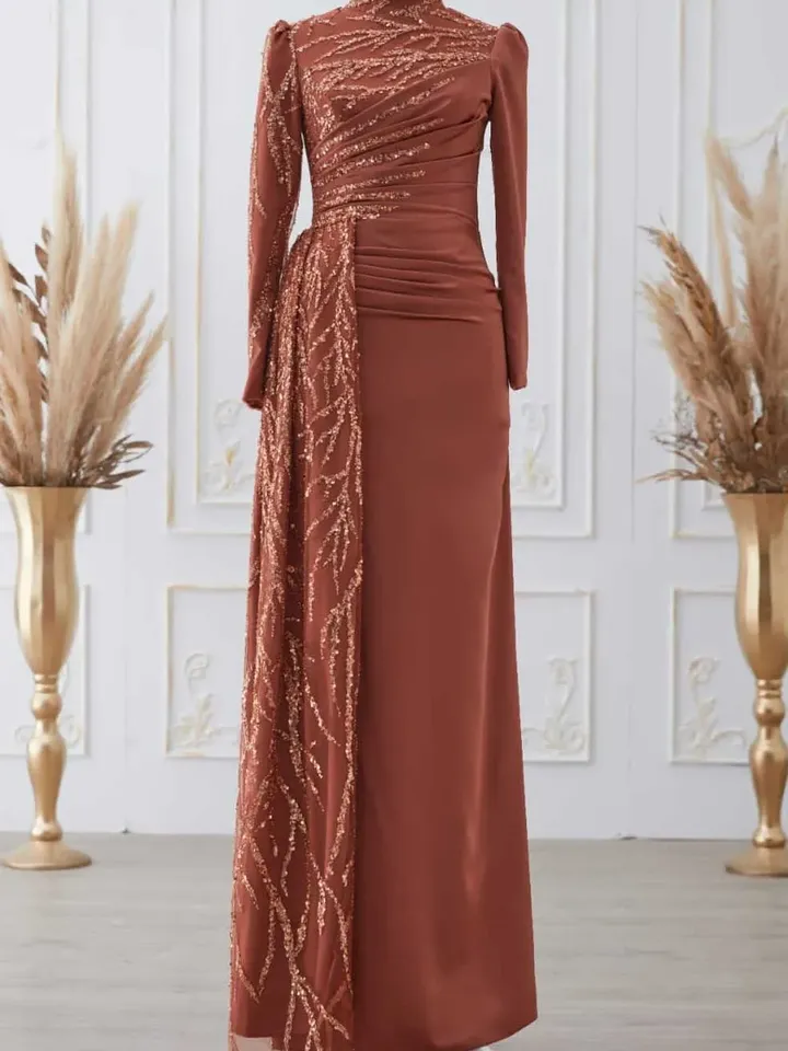 Güneş Brick Color Side-tTailed Satin Embroidered Ahunare Wedding Dress, Muslim Evening Gown, Wedding, Engagement, Bridesmaid, Maxi Dress