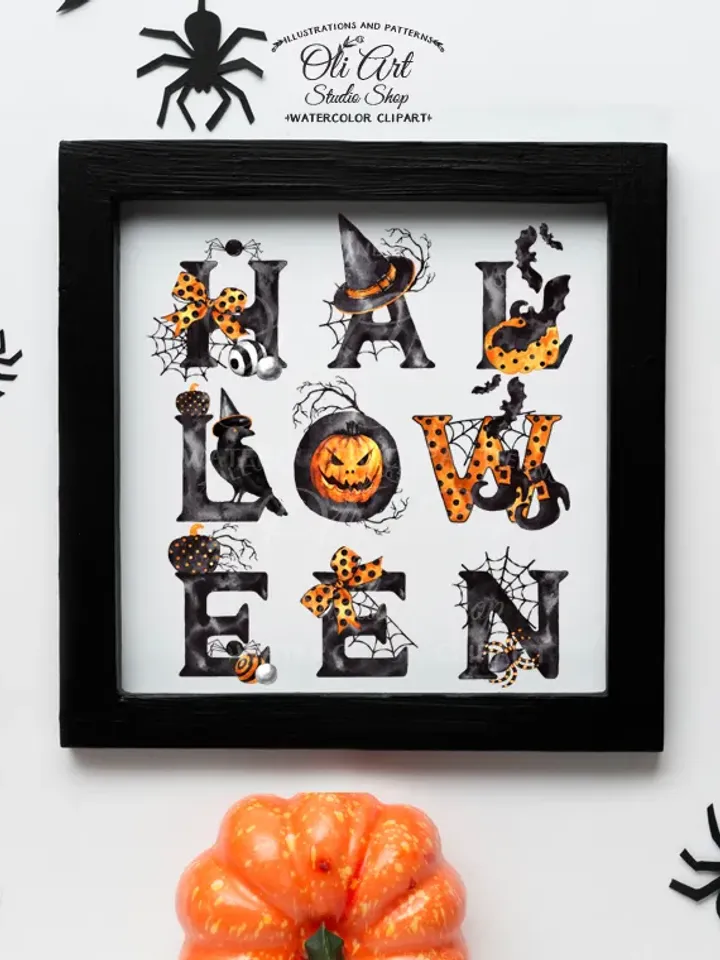 Happy HALLOWEEN clipart. Watercolor Word Halloween. Fall, Hand painted clipart 9 letters. Design Digital Download