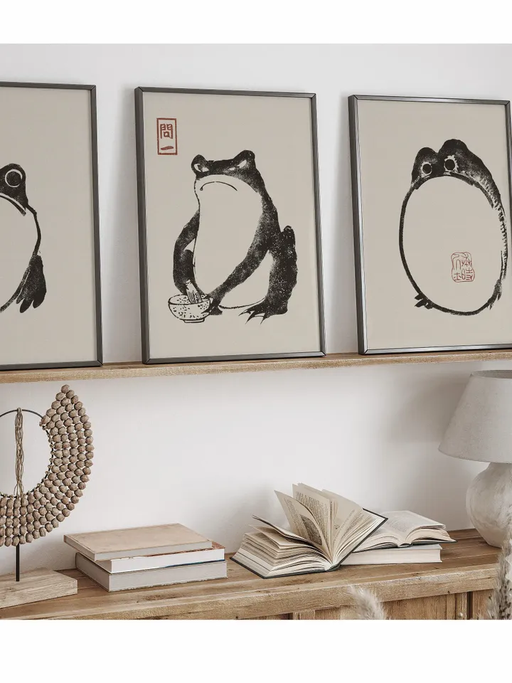 Japandi Wall Art Frog Print set of 3, Vintage Printable Primitive Decor, Matsumoto Shoji Japanese Art Downloadable | 187 S3