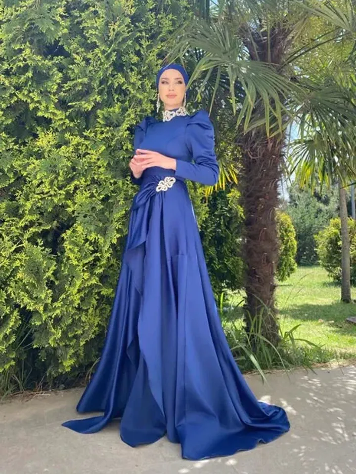 Ahsen Navy Blue Satin Tailed Embroidered Ahuanre Wedding Dress, Muslim Evening Gown, Islamic Wedding, Engagement, Bridesmaid,