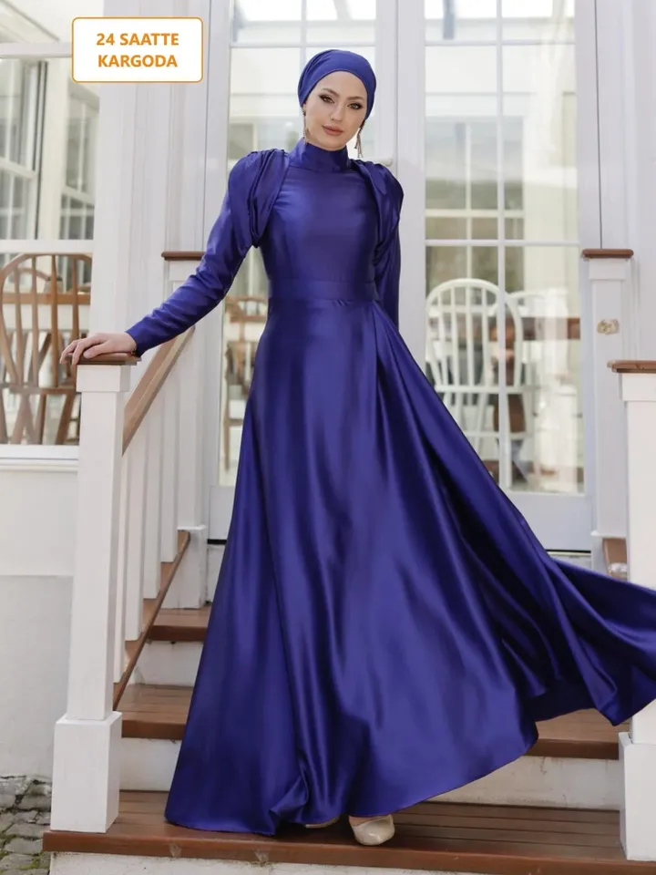 Azha Ahunare Navy Blue Satin Wedding Dress, Muslim Evening Gown, Nikah, Islamic Wedding, Engagement, Bridesmaid, Maxi Dress
