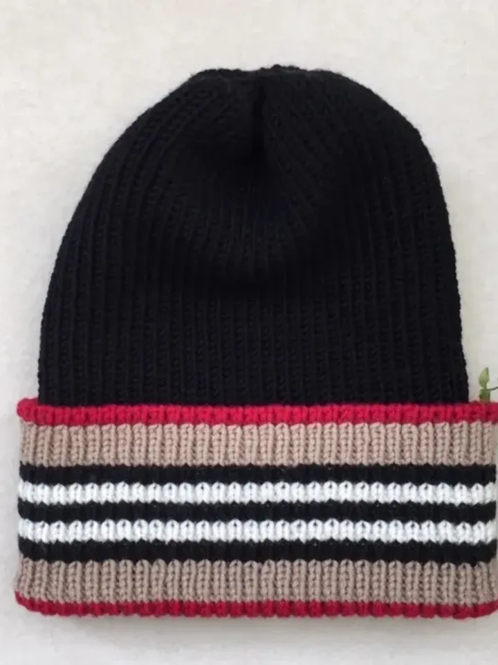 black mens hat with lapel, Striped Wool Beanie for men, hat in the style of Burberry, hat for spring, warm hat for gift