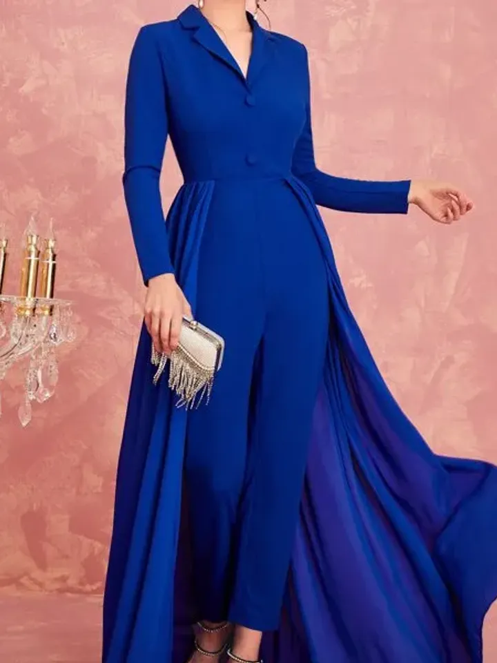 Lapel Collar Long Sleeve Button Front Shirt Jumpsuit With Mesh Skirt 2 Colors