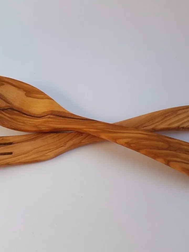 Olive Wood Curved Salad Server (Set of Spoon + Fork) - in 5 different sizes - Handmade in Albania - Cooking Tools