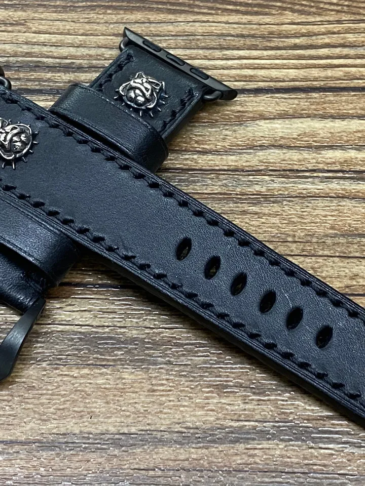 Apple Watch Bands in Black Leather for Apple Watch Series 6, Apple Watch Straps in 44mm 40mm, Bulldog Lovers Gift, Silver 925, iWatch Band