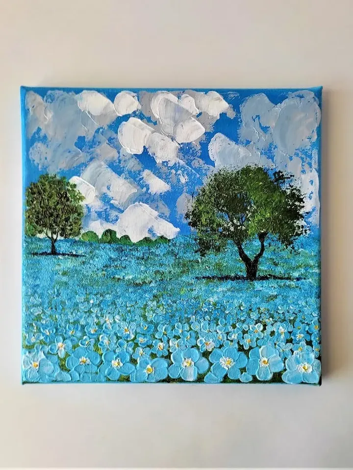 Blue floral canvas wall art, Landscape art, Bright floral wall art, Flower painting acrylic, Texture painting on canvas