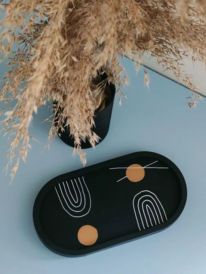 Black decorative tray with abstract painting / trinket dish
