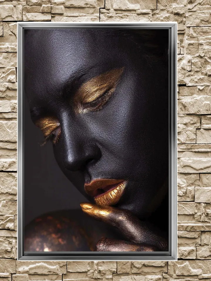 African Woman , Golden Make-Up Woman Print on Canvas , Floating Frame Option, Modern Wall Art, Canvas Wall Art , Extra Large Wall Art