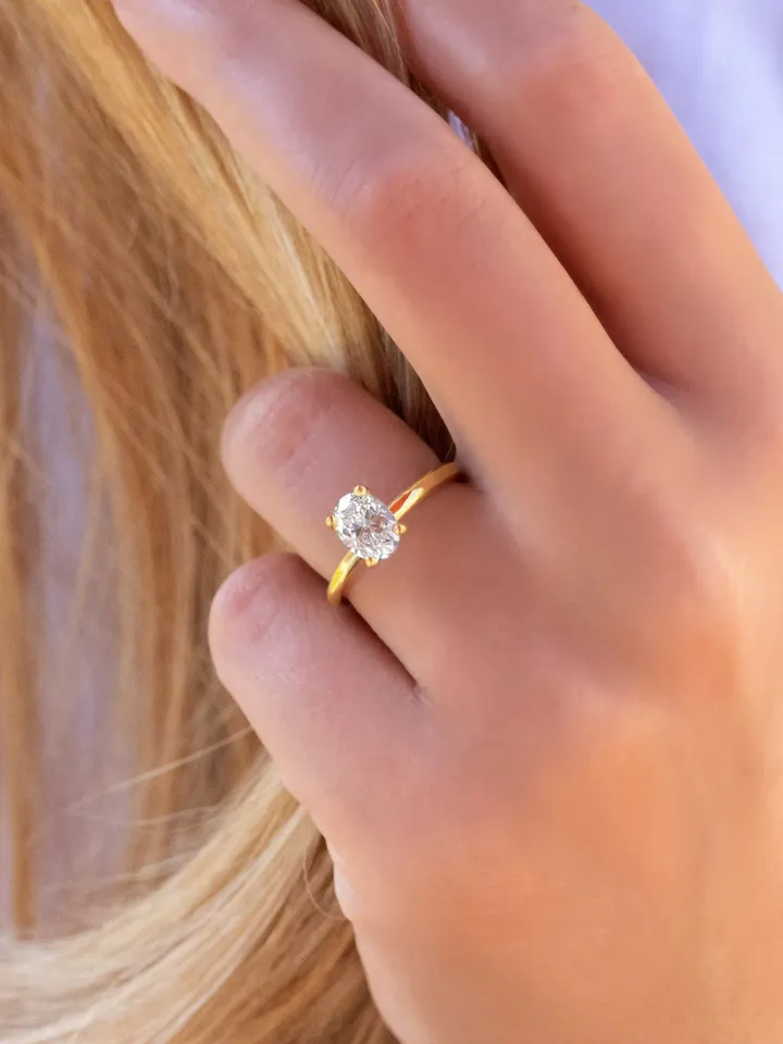 OVAL SOLITAIRE RING | 1.5 Ct Oval Cut Moissanite Diamond Ring | Halo Engagement Ring | Real diamond 14k Gold Ring Band | Oval Wedding Ring